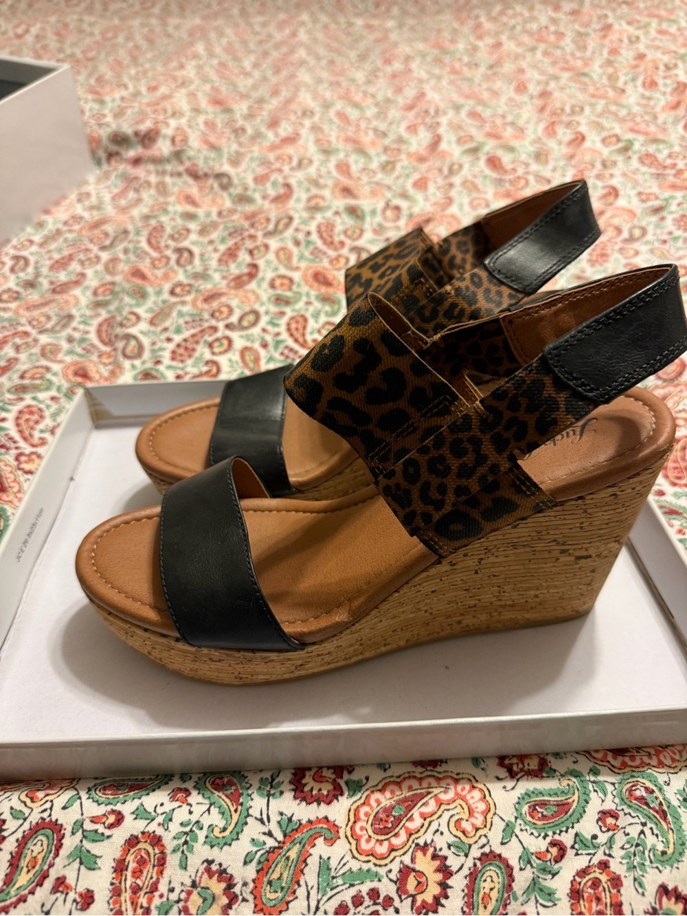 Lucky Brand Black and Leopard Wedge Sandals